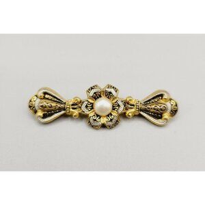 Damascene Floral Flower Bar Style Brooch Pin Detailed Faux Pearl Center C Clasp
